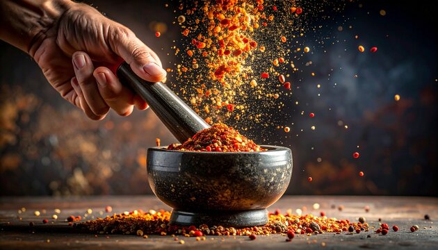 Vibrant spices exploding from a stone mortar while being ground by hand