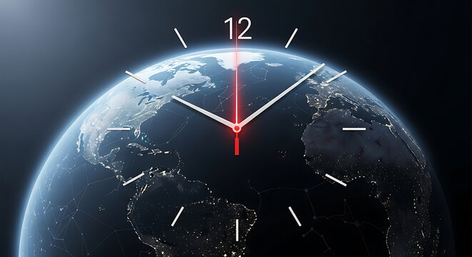 Planet Earth with clock hands overlay, concept of climate change urgency and doomsday clock.