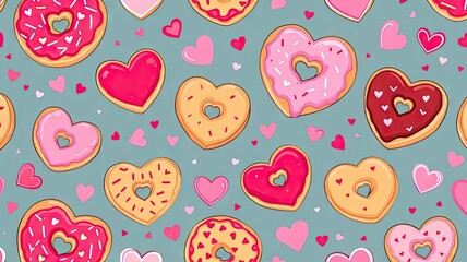 Seamless pattern of heart shaped donuts and scattered love hearts.
