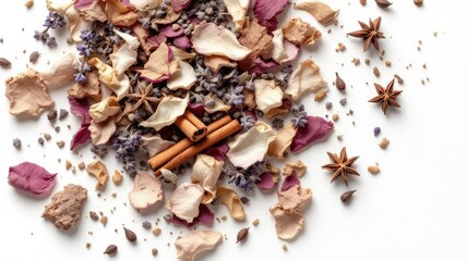 Aromatic natural potpourri ingredients including rose petals lavender cinnamon and star anise.