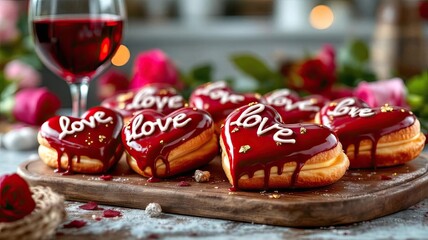 Heart shaped pastries with chocolate glaze and love message served with red wine for romantic celebration.