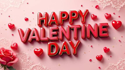 Happy Valentine Day greeting with glossy red text and romantic hearts.
