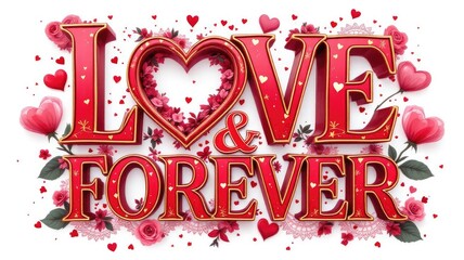 Romantic Love and Forever text design with heart shapes and floral elements.