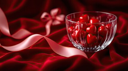 Elegant bowl of fresh red cherries on luxurious red satin with ribbon.