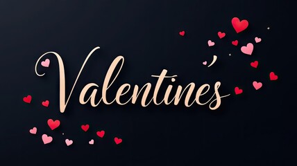Elegant Valentines Day greeting with scattered red and pink hearts on a dark background.