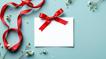 Elegant red ribbon bow adorns blank card with delicate white flowers on pastel background.