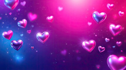Vibrant abstract background with shimmering metallic hearts and sparkling lights.
