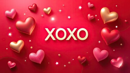 Festive XOXO Valentine Heart Background with Glittering Sparkles and Love Symbols.
