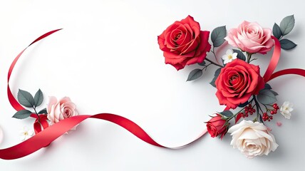 Elegant Red and Pink Roses with Flowing Red Ribbon Decoration.