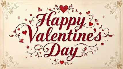 Elegant Calligraphic Happy Valentines Day Greeting Card with Hearts and Floral Ornaments.