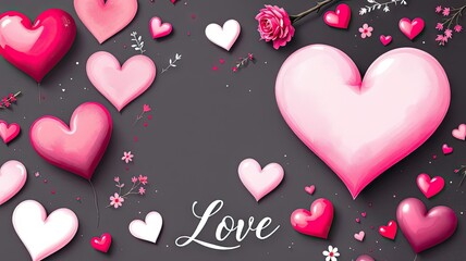 Beautiful arrangement of pink hearts and rose on dark background symbolizing love and romance.