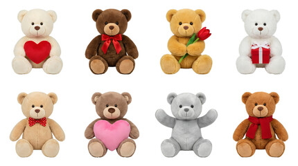 Fototapeta premium Teddy bear set including brown, white, tan, and gray plush toys with heart, gift, flower, and scarf accessories isolated. Gift and holiday toy collection.