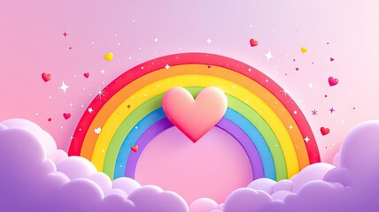 Whimsical Pink Rainbow Arch with Heart Symbol Over Fluffy Clouds.