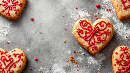 Heart shaped cookies with red icing decorations on a grey textured surface.
