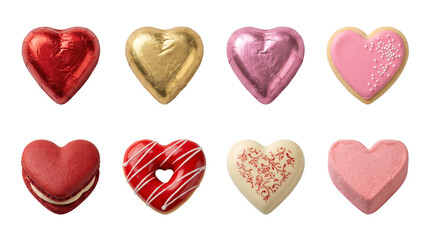 Fototapeta premium Heart shaped sweets set including chocolate foil, cookies, macaron, donut, and candy isolated. Valentine day dessert and bakery collection.
