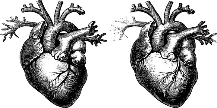 Vintage botanical engraving of human heart anatomy for educational design