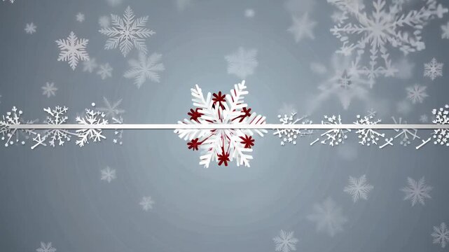 White and red snowflake ornaments on frosty blue background with elegant winter border and soft snowfall