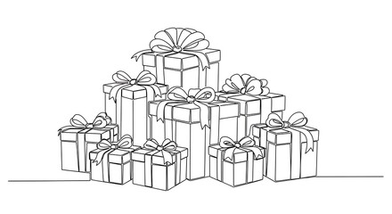 Obraz premium A large pile of wrapped presents with ribbons and bows on top of each box in a celebratory arrangement isolated on white background