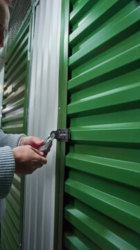 Vertical close up shot of tenant unlocking padlock with key, opening green corrugated metal door and entering self storage unit