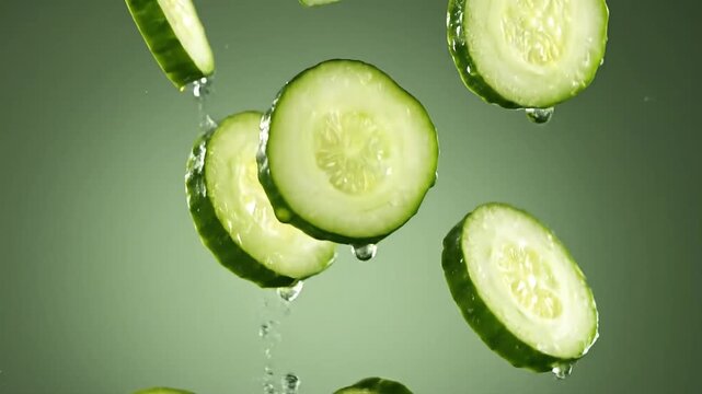 Fresh organic cucumber slices with glistening water drops, suspended motion, raw vegetable ingredients for salad.