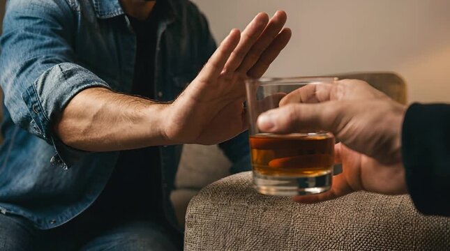 Close Up of Arm Rejecting Alcoholic Drink Offered Indoors on Neutral Patterned Stool in Soft Natural Light