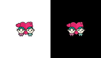 Vector illustration of a cute cartoon couple with a pink heart.