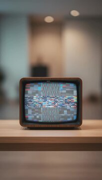 Small old fashioned television with a wooden case sitting on a table, its screen displaying a constant stream of static, glitches, and colorful noise indicating a lack of broadcast signal