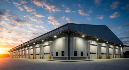 Fototapeta premium Modern industrial warehouse under a stunning sunset sky
