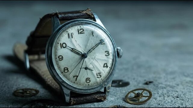 Old broken mechanical watch with cracked glass and visible gears on grunge surface. Concept of lost time, broken technique, and repair.