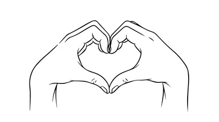 Fototapeta premium Hand gesture forming a heart shape, line art drawing of two hands meeting at the fingertips to create a symbol of love and affection