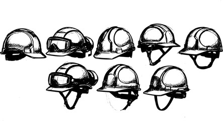 Fototapeta premium set of sketched construction helmet silhouette isolated 