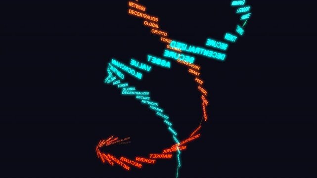 Futuristic Digital Finance Concept with Glowing Text Spiral on Black Background