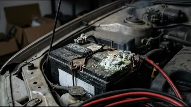 Corroded car battery terminal in dirty engine bay with jumper cables attached for automotive maintenance or repair service