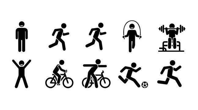 Set of fitness and sport activity icons standing, running, jumping rope, weightlifting, cycling, kicking ball, exercise stick figures for health and workout concepts