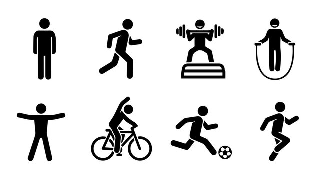 Set of eight black silhouette icons representing various physical fitness activities and exercises for sports and health concepts
