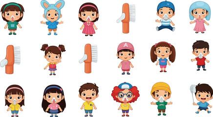 Obraz premium Cartoon children brushing teeth with toothbrushes and toothpaste kids