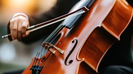 A close-up of a hand gripping a bow, ready to play a beautiful wooden cello against a warm, outdoor-inspired background.