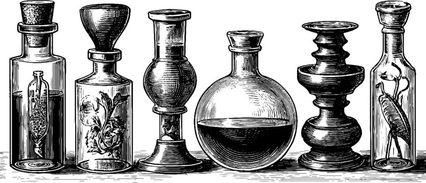 Vintage botanical laboratory glassware collection illustration for design and decor
