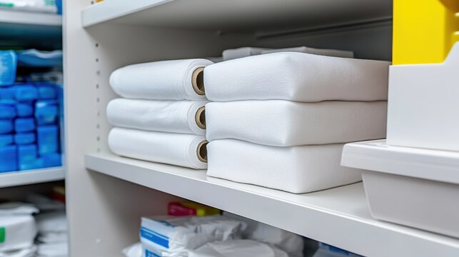 Close up of neatly stacked rolls of sterile gauze in intact white packaging on a shelf within a medical facility storage area