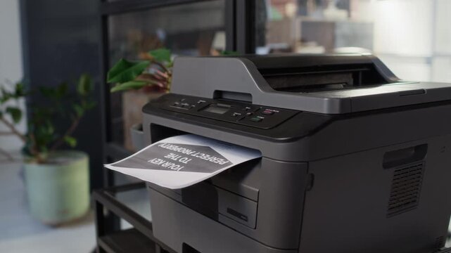 No people shot of modern grey office printer with ejected sheet in organized, and professional office workspace