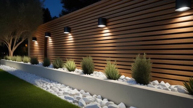 Architectural night garden emphasizing strict linearity, perfectly aligned olive standards in a long white concrete planter, uniform white stones, crisp horizontal timber slat wall