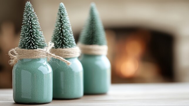 Three teal ceramic bottles filled with snowy faux evergreen trees, tied with jute string, create a cozy atmosphere against a warm, blurred background.