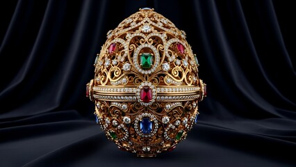 Fototapeta premium Ornate jeweled egg with intricate gold design on dark fabric