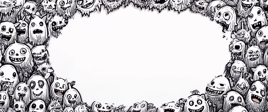 Whimsical cartoon creatures wiggle playfully, as the camera pans slowly across the scene, creating a lively and engaging animation with copy space in a vibrant, artistic style.