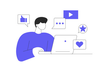 Fototapeta premium Social media. Man creates content, posts, communicates with followers, collects likes and promotes. Flat Cartoon Vector Illustration, icon Stylish abstract design landing page web
