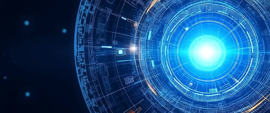 Futuristic digital interface glows and rotates, with holographic elements pulsing; camera steadily tracks inward, creating an immersive, cinematic exploration of advanced technology themes.