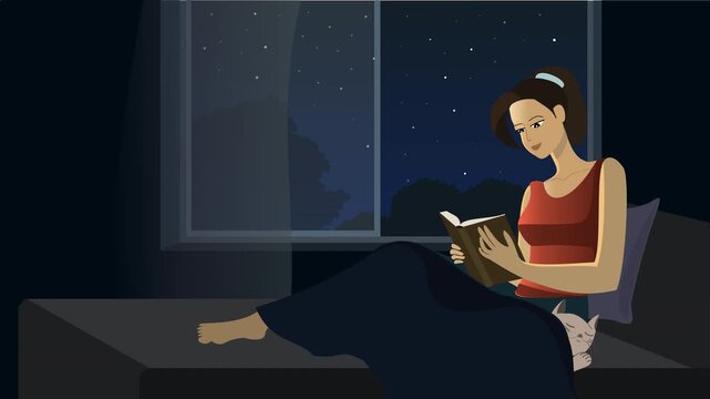 Girl Reading Book Near Window at Night with Sleeping Cat &ndash; Calm Illustration Loop Animation