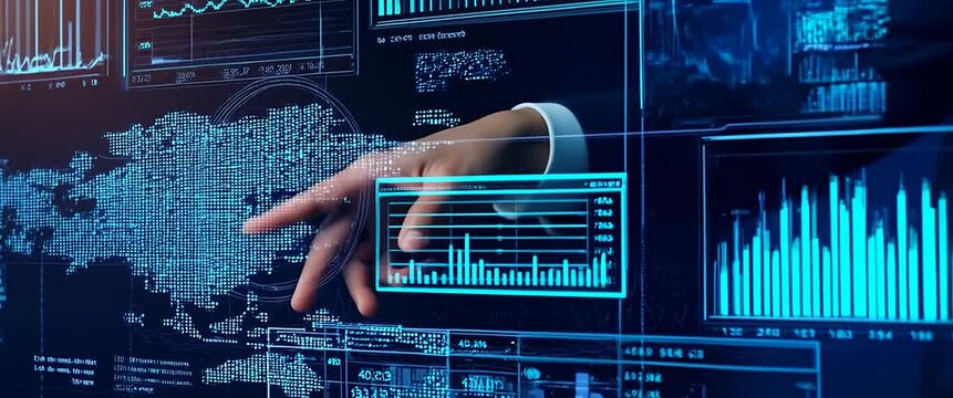 Hand gestures over digital world map interface with data charts; camera slowly pans to reveal dynamic graphics; cinematic, high-tech business analytics visualization.