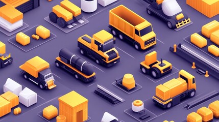 Fototapeta premium A vibrant collection of construction vehicles, equipment, and containers in yellow and gray tones is displayed on a surface.