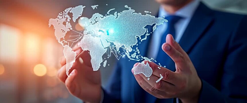 Business professional interacting with digital world map interface; camera slowly pans across display; ambient lights flicker in modern office; cinematic, tech-focused atmosphere.